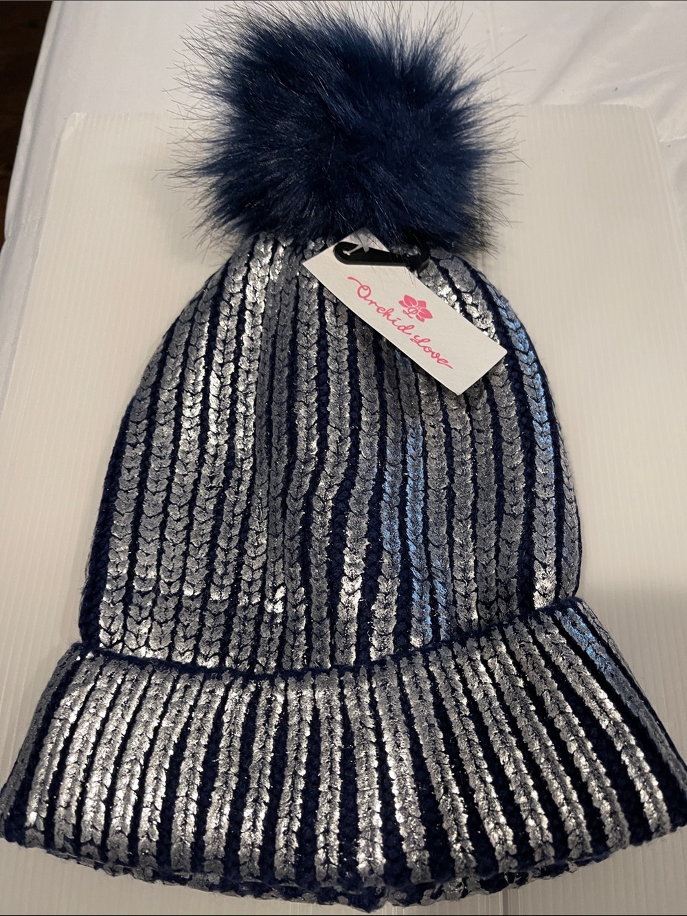 Metallic Navy & Silver Sequin Pom Beanie by Derek Heart